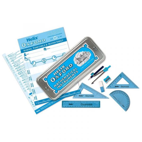 All ten instruments from the Helix Oxford Maths Set 10 Piece—compass, ruler, protractor, twin set squares, stencil, pencil, sharpener and eraser—arranged on a desk ready for class.