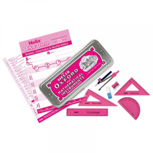 Helix Oxford Math Set 10 Piece – Pink edition with metal compass, set squares and ruler in a reusable tin, perfect for school geometry