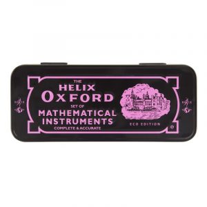The pink tin Maths Set 10 Piece showing recycled geometry tools neatly stored inside.