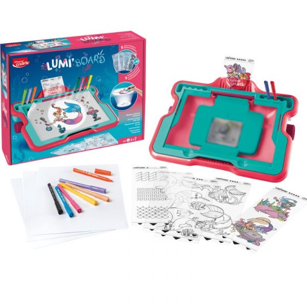 The Lightbox Drawing Machine mermaid set with LED board, tracing cards, pens and paper arranged in front of the colourful box.