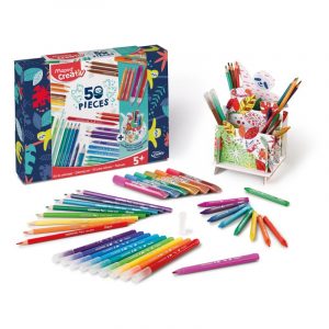 The Colouring Kit 50 Piece open to reveal pencils, felt-tips, chalks, glitter glue and the DIY desk-tidy pieces.