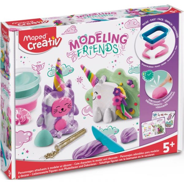 Two glittery clay figures—a cat-corn and unicorn—made from the kit, showing how kids can Create Magical Animals.