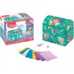 The Secret Mosaic Jewellery Box kit with treasure chest, mosaic sheets, lock and keys laid out ready for decorating.