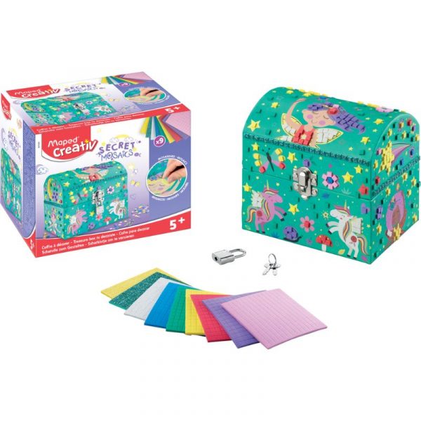 The Secret Mosaic Jewellery Box kit with treasure chest, mosaic sheets, lock and keys laid out ready for decorating.