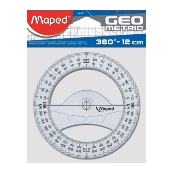 Maped Protractor Geo 12cm 360 Degree – clear, shatter-resistant full-circle protractor for precise angle measurement in school or office use